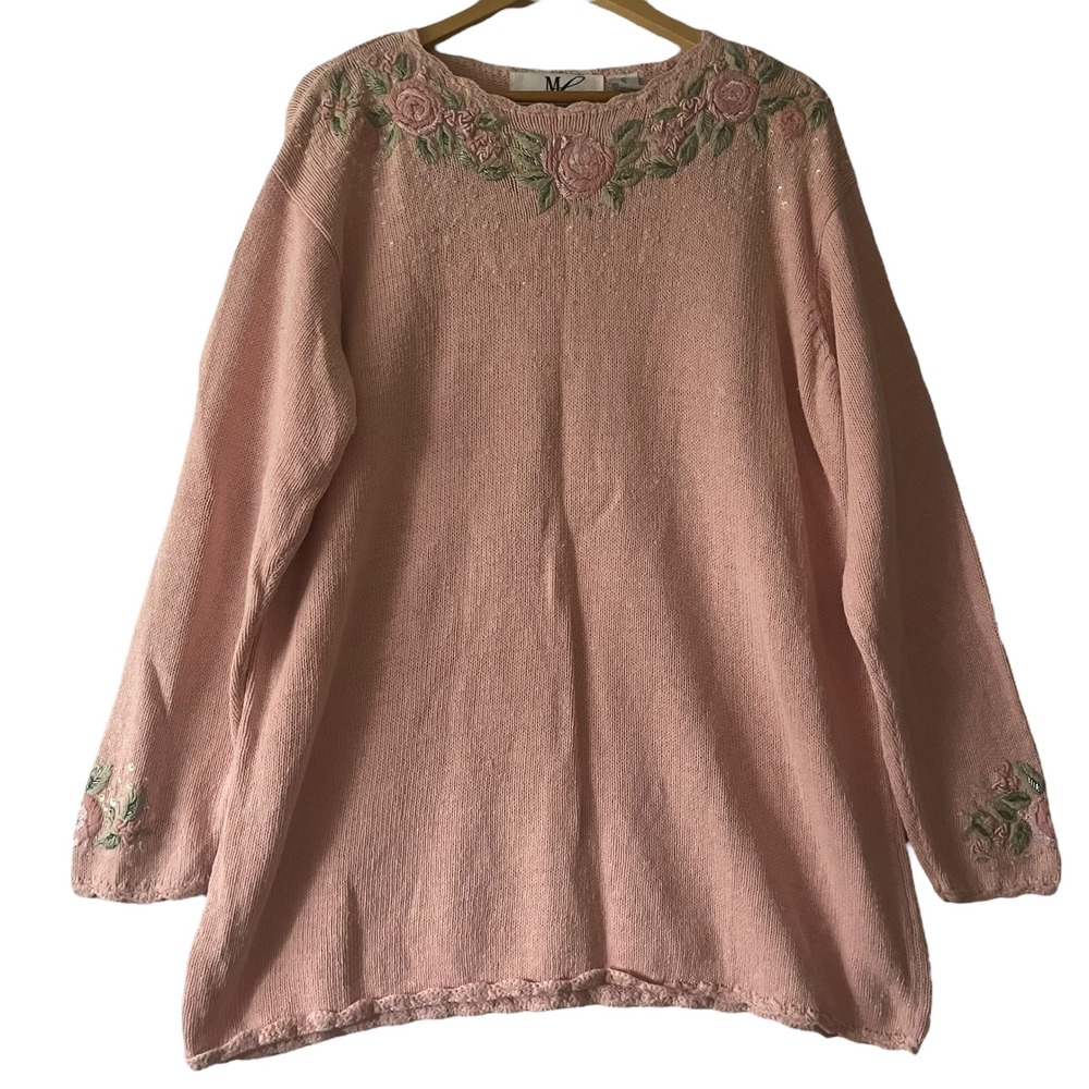 Vtg Maggie Lawrence Pink Floral Embroidered‎ Sequin Sweater Pullover Women's L